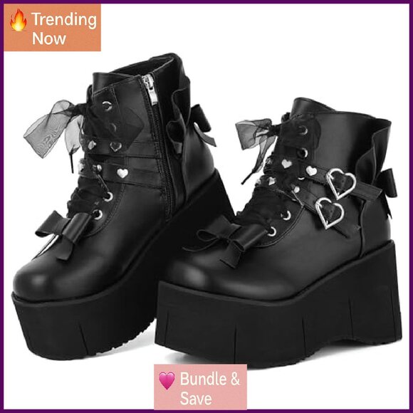 Platform Ankle Boots with Rivet Lace Up Zipper Wedge Heel Buckle Details - Picture 2 of 8